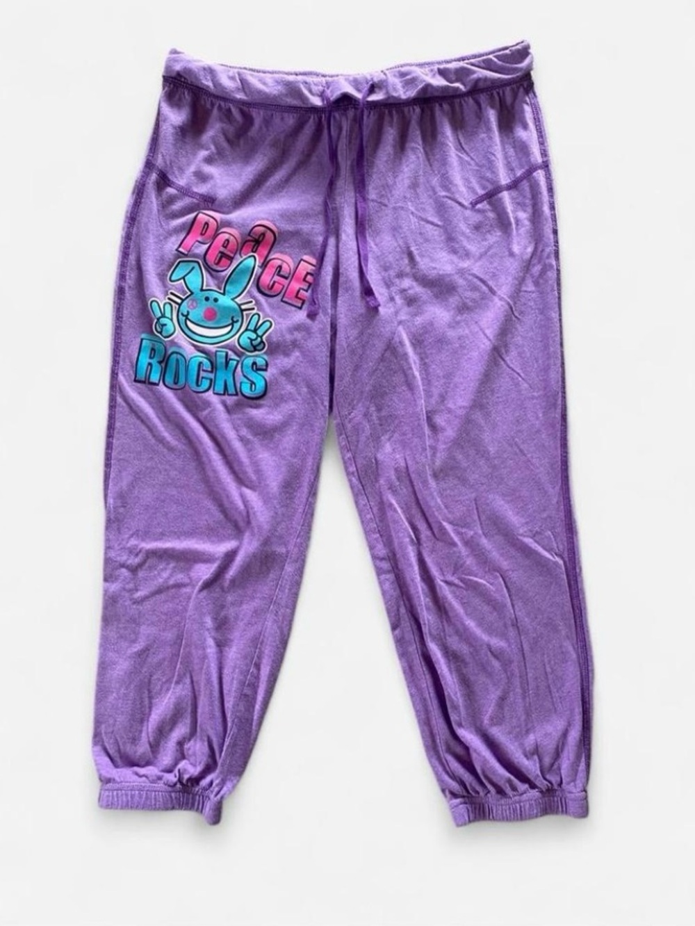 Y2k Happy Bunny Purple Capris Sweats with Blue Bunny ‘Peace Rocks’ Design